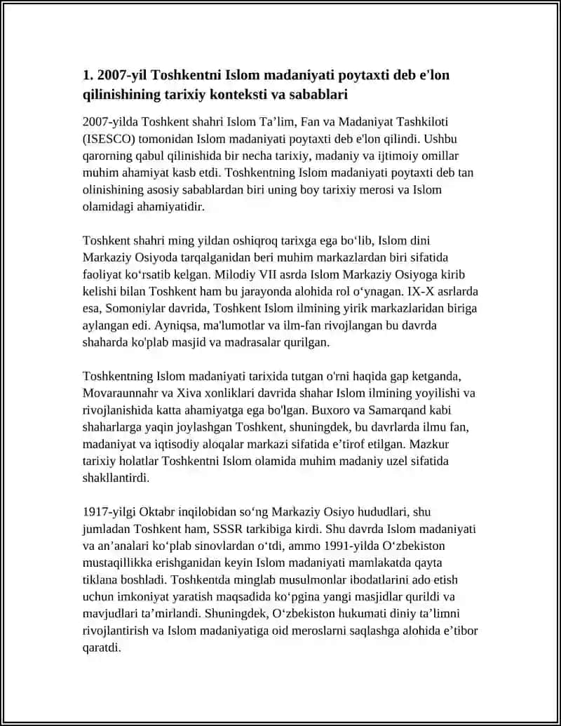 2007-YIL TOSHKENT-ISLOM MADANIYATI POYTAXTI DEB E’LON QILINISHINING MAZMUNI VA MOHIYATI 3