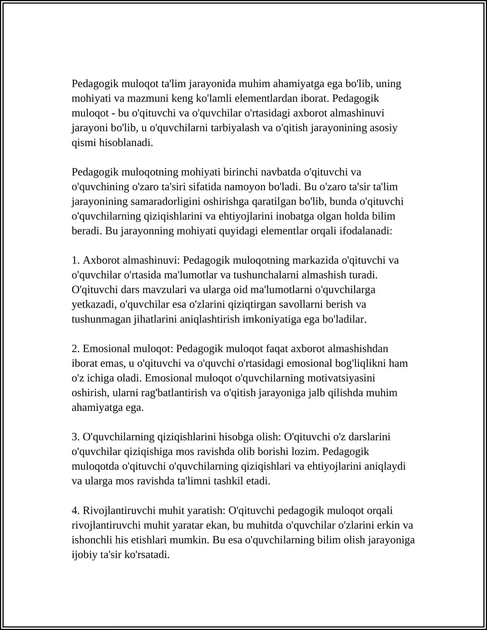 PEDAGOGIK MULOQOT OʻQITUVCHINING IJODIY FAOLIYATINI VA TASHABBUSKORLIGINI NAMOYISH ETUVCHI XUSUSIYAT 3