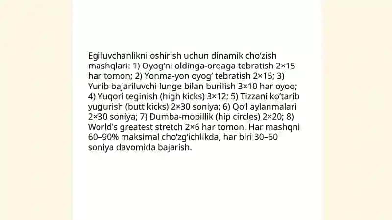 Egiluvchanlik tezkorlik va chaqqonlikni rivojlantiruvchi mashqlar 3