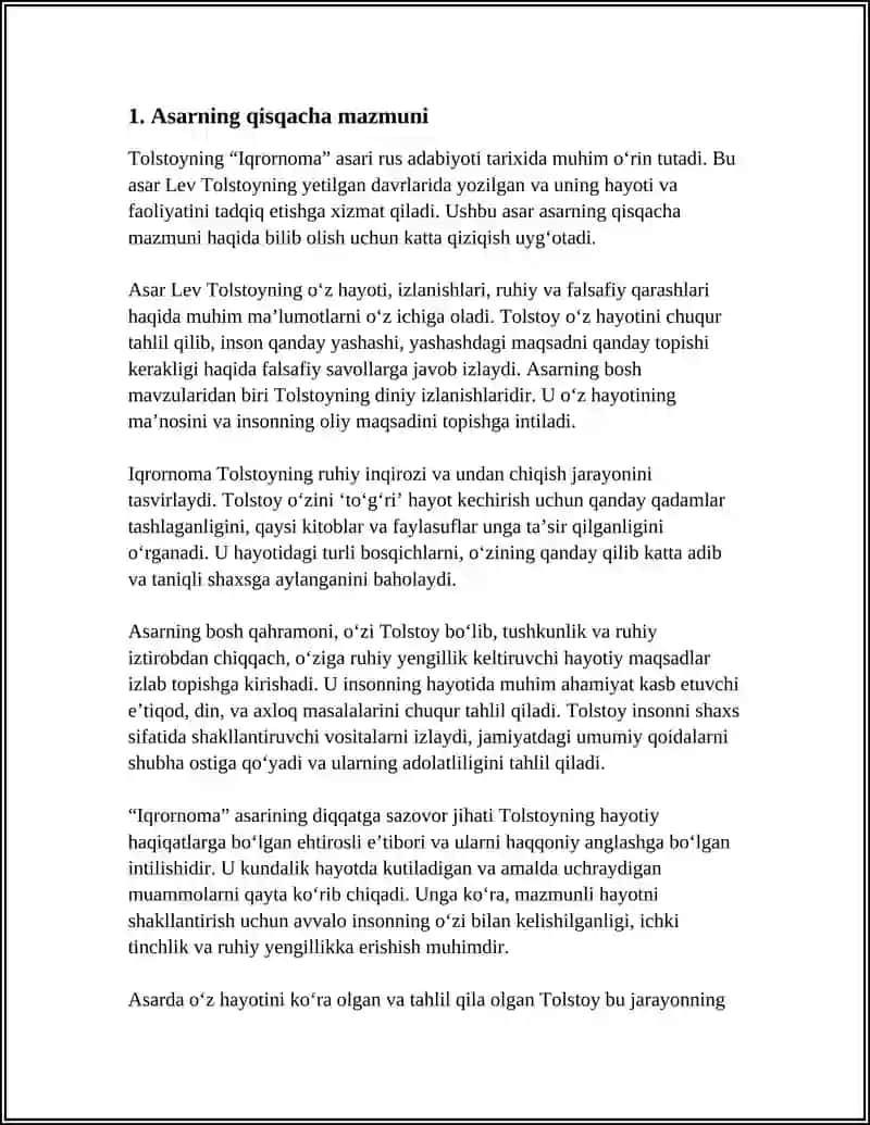 MUSTAQIL ISH Mavzu: TOLSTOYNING “IQRORNOMA”ASARI 3