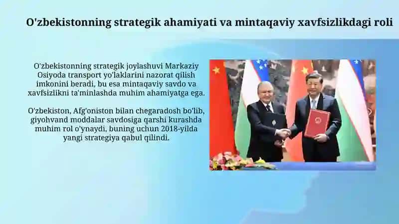 Osiyoda xavfsizlik terrorizm giyohvandlik va odam savdosiga qarshi kurashishda O'zbekiston roli 3