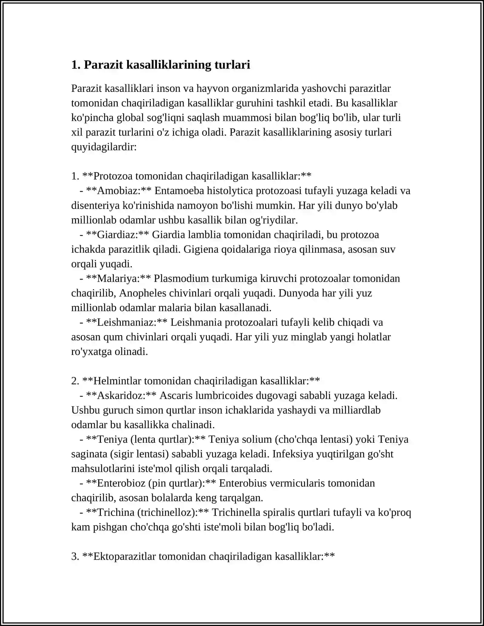 MUSTAQIL ISH Mavzu: PARAZIT KASALLIKLARI VA ULARNING TURLARI 3