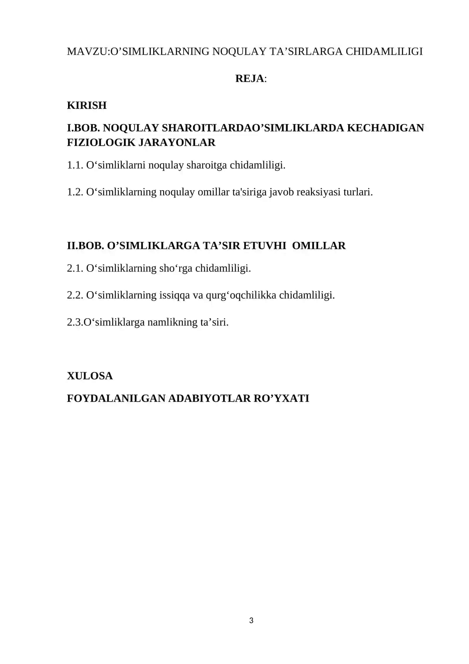 O’simliklarning noqulay omillar ta’sirlarga chidamliligi (Qurg’oqchilikka, yuqori va past haroratga) mavzusida kurs ishi 3