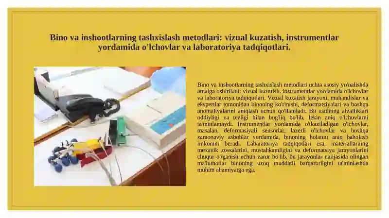 Bino va konstruktsiyalarni tashxislash turlari. Bino va inshootlarning deformatsiyasini aniqlash. Ayrim konstruktsiyalarning deformatsiyasini baholash 3