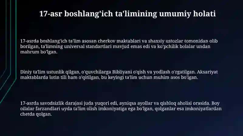 XVII asrdan XVIII asrning ikkinchi yarmi boshlangʻich taʼlim 3