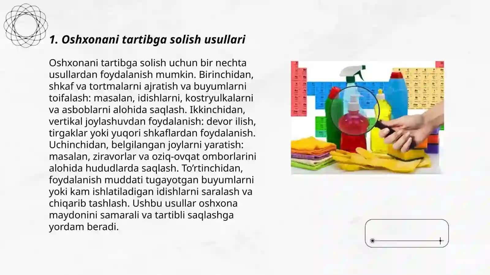 Oshxona va uy anjomalarini saqlash, tozalash va jihozlash usullari 3