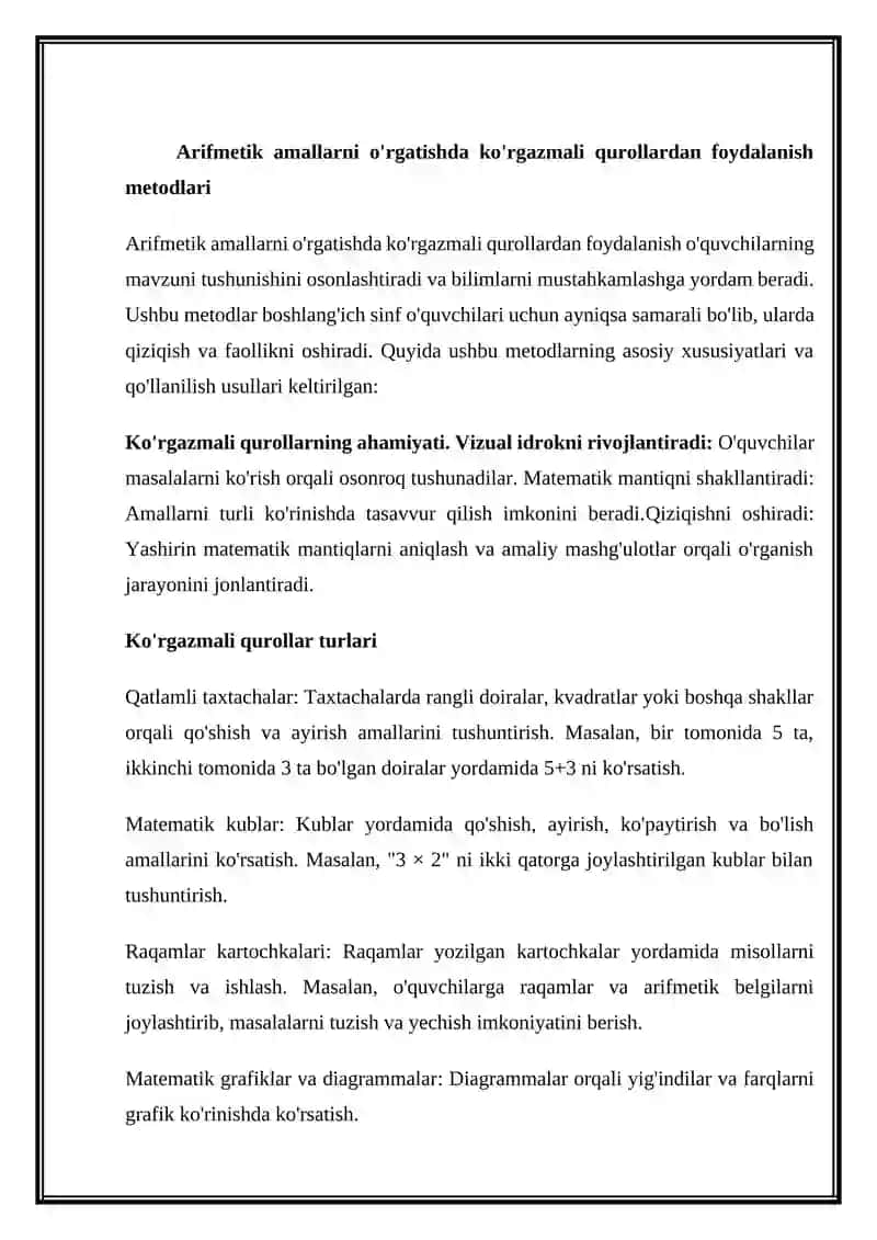 Mavzu: Arifmetik amallarni o'rgatishda ko'rgazma qurollaridan foydalanish metodlari 3