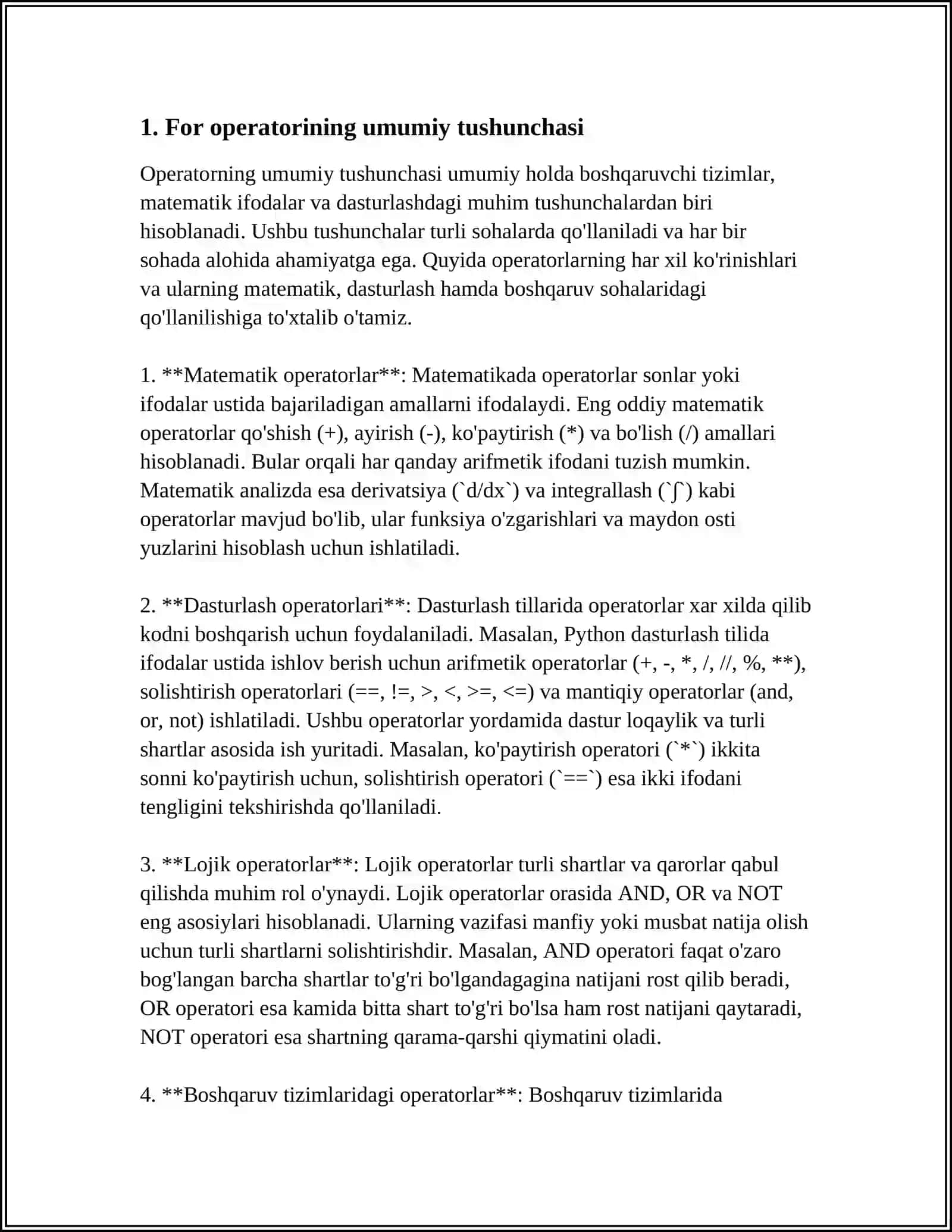 PYTHON DASTURLASH TILIDA FOR OPERATORI VA UNING QO'LLANILISHIG OID MISOLLAR 3