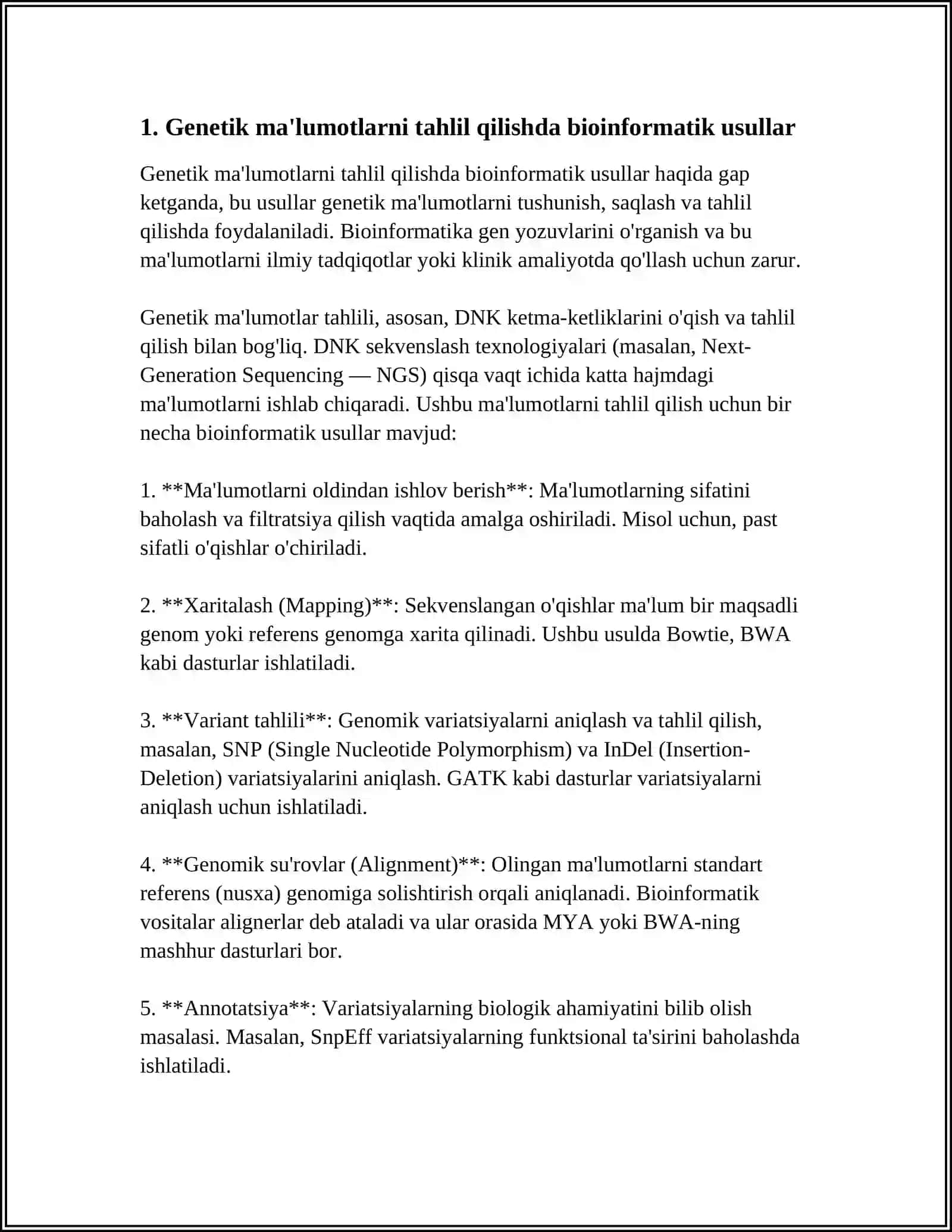 BIOINFORMATIKA VA BIOMEXANIKA FANIDAN. TURLI XIL KASALLIKLARNI DAVOLASHDA BIOINFORMATIK YONDASHUVLAR. ODAM ORGANIZIMI HAYOTIY FUNKTSIYALARNI TOʼLDIRUVCHI TIBBIYOT QURILMALARI VA APPARATLARI MAVZUSIDA MUSTAQIL ISH 3