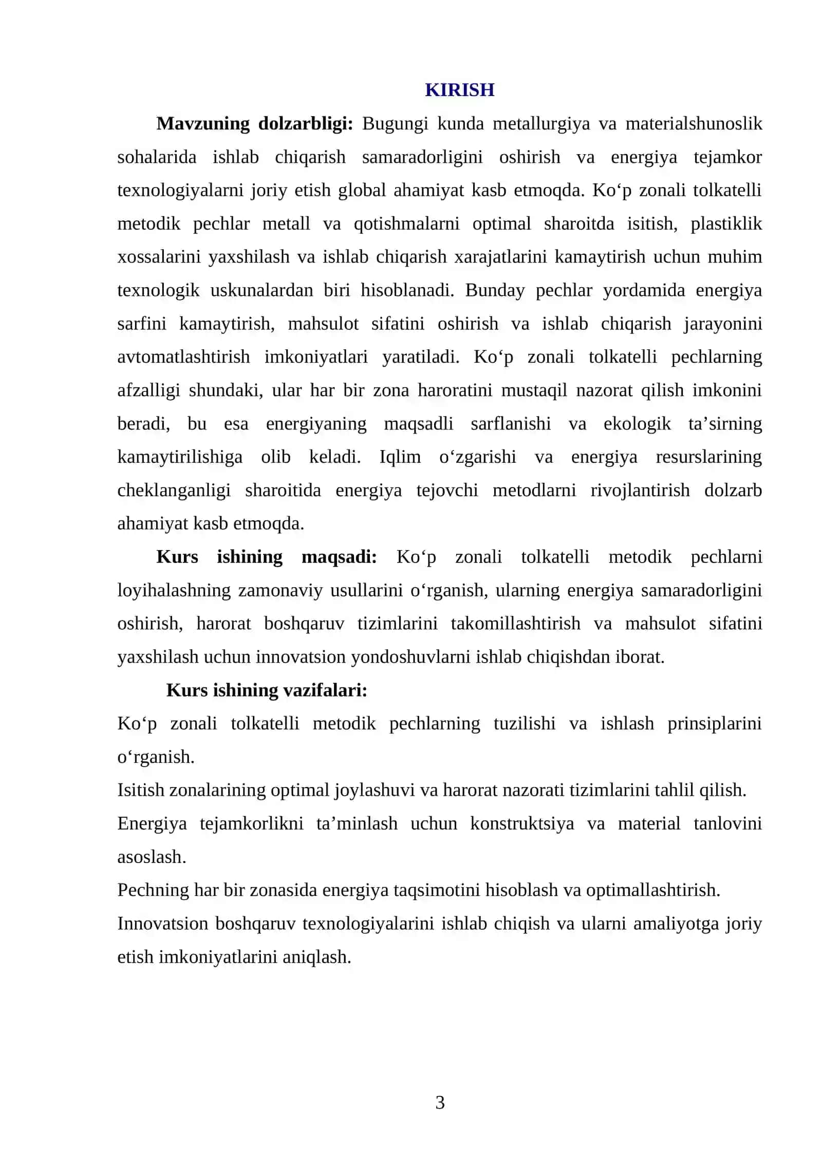 KO‘P ZONALI TO‘LKATELLI METODIK PECHNING LOYIHALASH KURS ISHI 3