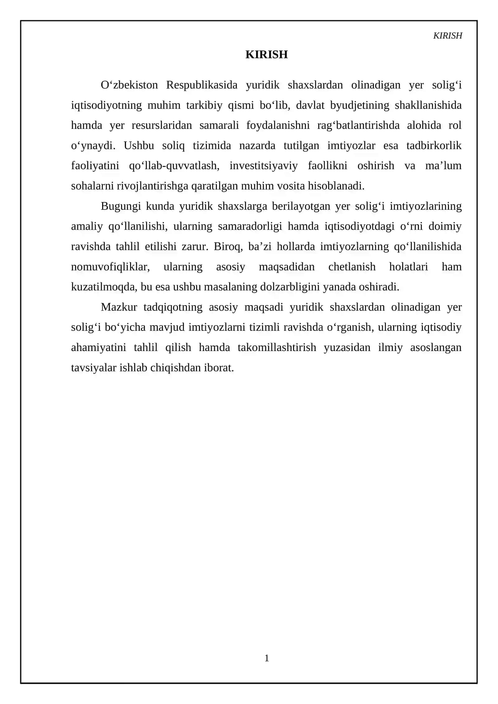 Yuridik shaxslardan olinadigan yer solig'i bo'yicha imtiyozlar va ularing ahamiyati 3