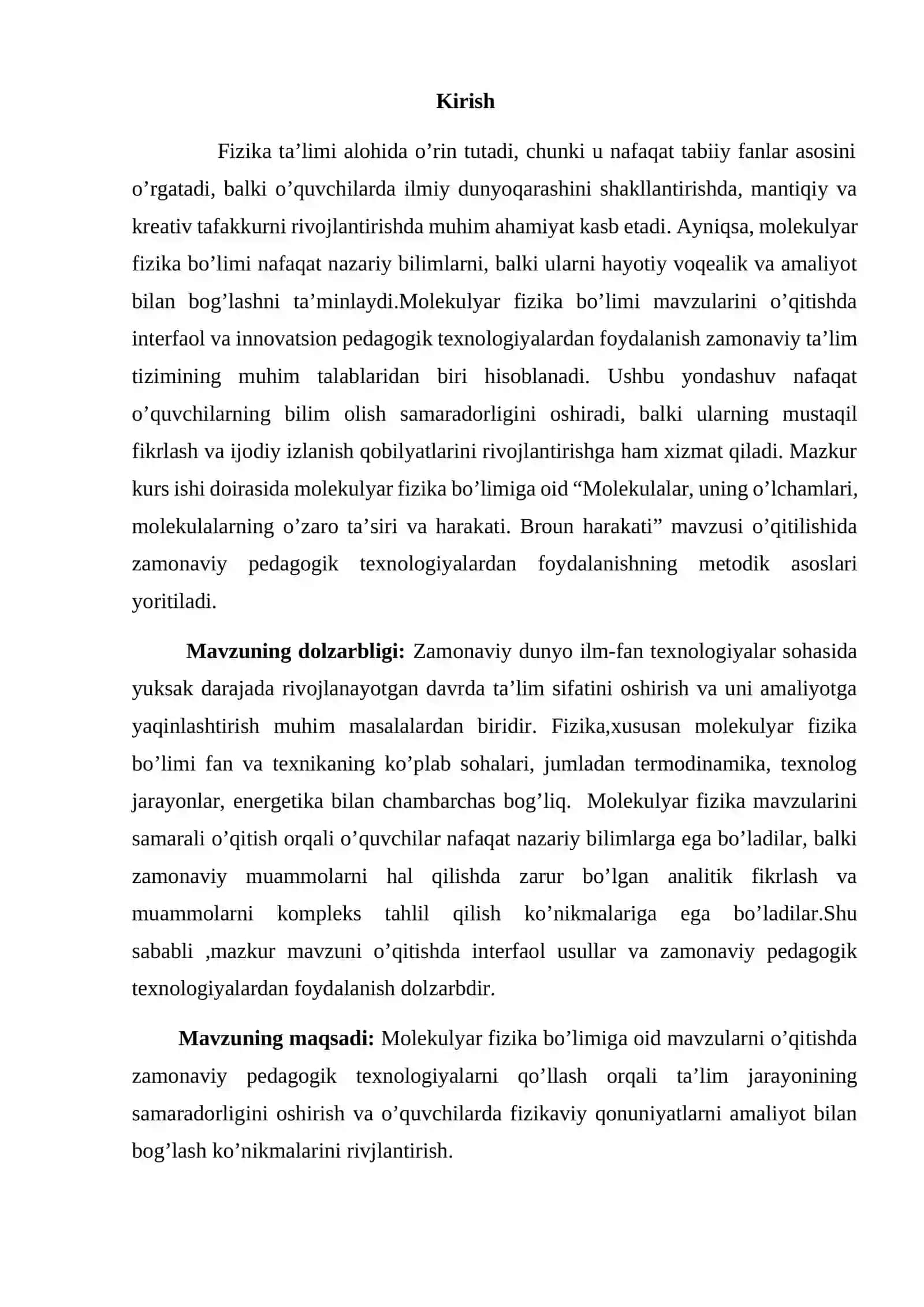 Molekulyar fizika bo’limiga oid mavzularni o’qitishda pedagogik texnologiyalardan foydalanish usullari mavzusiga doir tayyor kurs ish 3