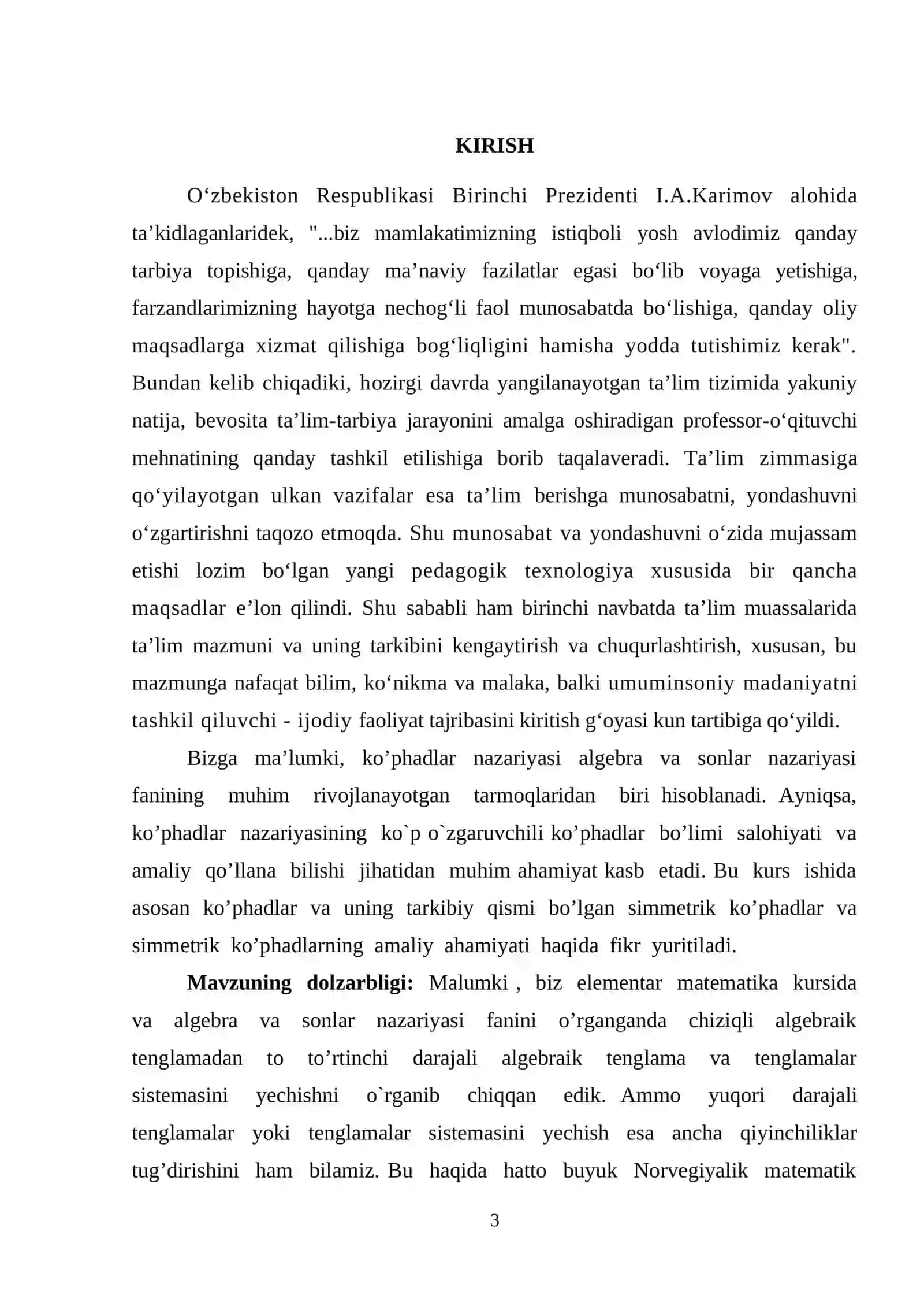 "Ko‘p o‘zgaruvchili ko‘phadlar halqasi. Ko‘phadlar halqasining izomorfizmi" kurs ishi 3