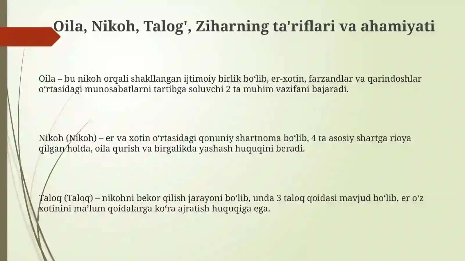 Islom huquqshunosligida oila, nikoh, taloq, zihor, idda tushunchalarini taʼriflash 3
