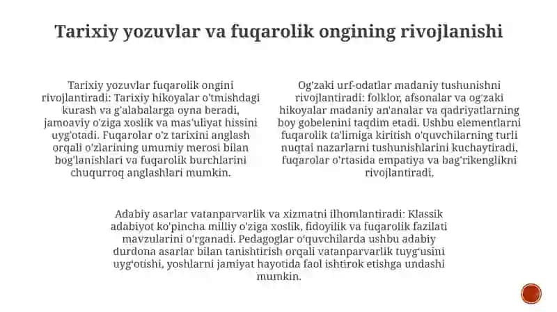Milliy GʻOya Va MaʼNaviyatga Oid Fanlarni OʻQitishda Xalq OgʻZaki Ijodi Namunalari, Tarixiy Bitiklar, Allomalar Merosi, Badiiy Adabiyotlaridan Foydalanish 3