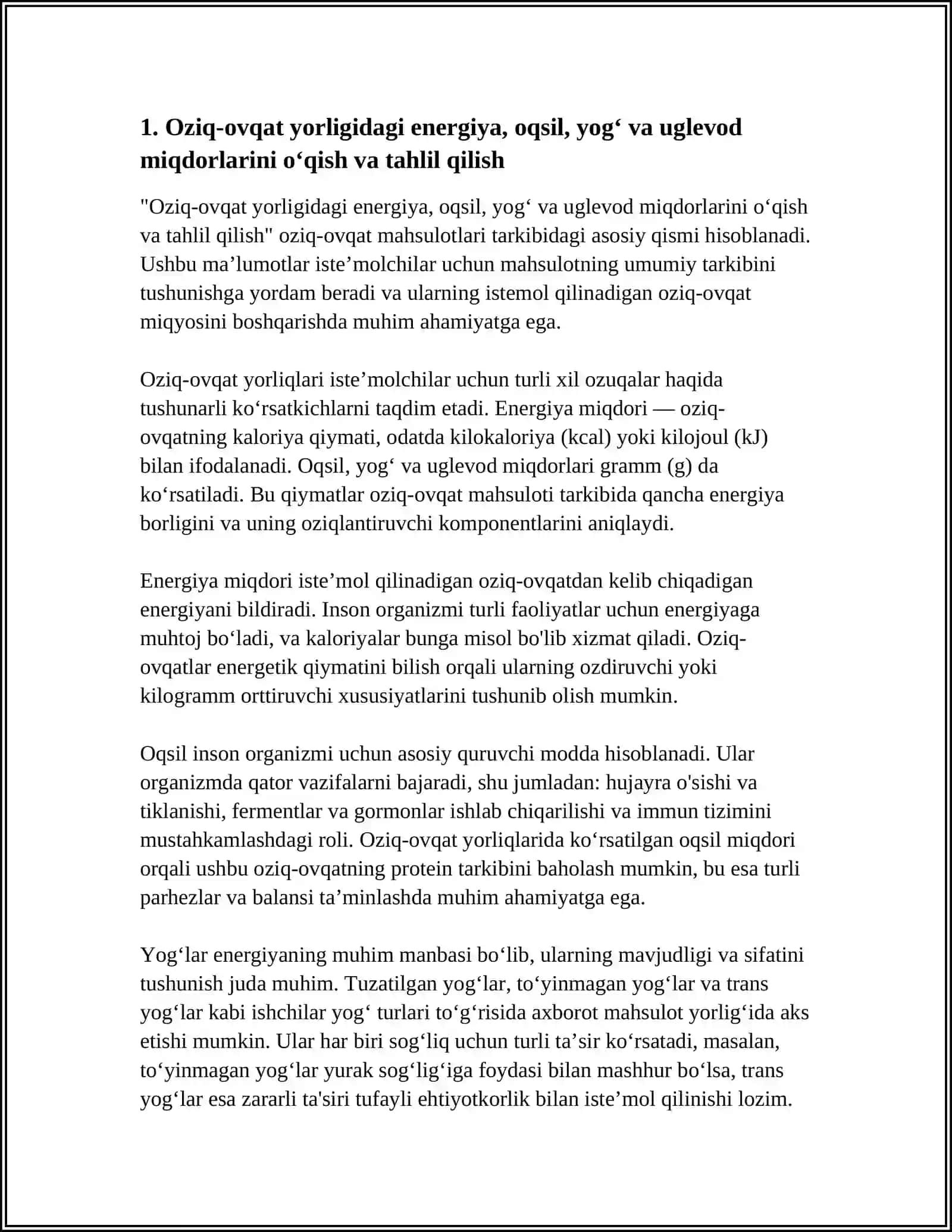 OZIQ-OVQAT MAHSULOTLARINING TARKIBI, FOYDALI VA ZARARLI XUSUSIYATLARINING YORLIQLARI ORQALI OʼRGANISH 3