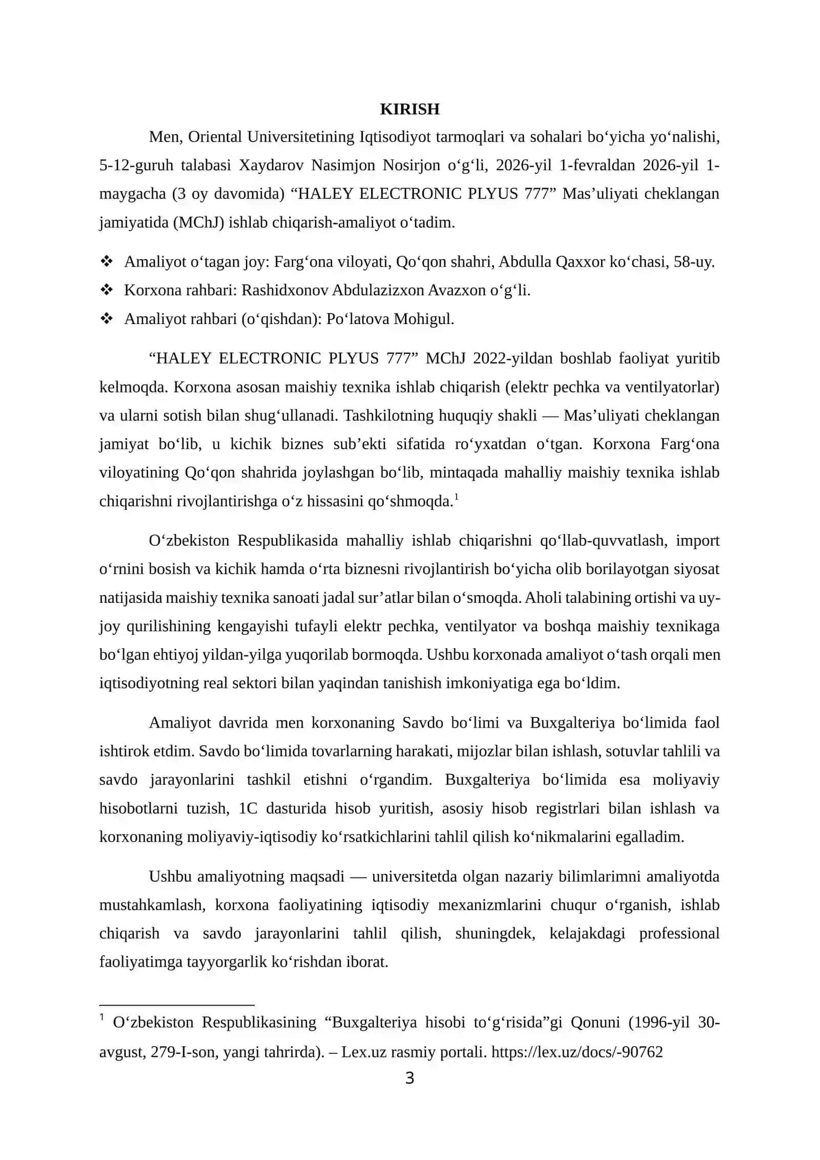 Maishiy texnika ishlab chiqarish mchjda oʻtagan BITIRUV MALAKAVIY AMALIYOT HISOBOTI 3