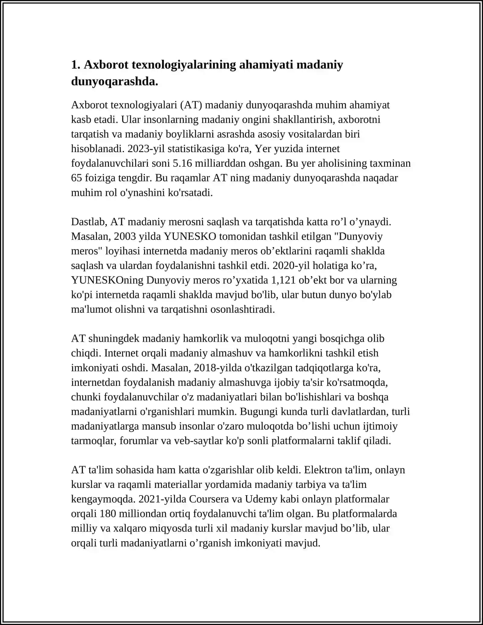 AXBOROT TEXNOLOGIYALARI UMUMMADANIY DUNOQARASHNI SHAKILLANTIRISH VOSITALARI.TA'LIM SIFATINI NAZORAT QILISH VA UNING TURLARI 3