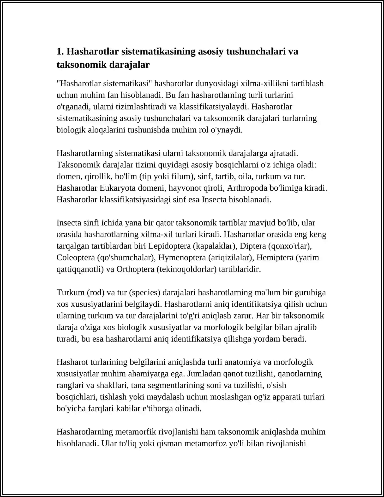 HASHAROTLAR SISTEMATIKASI. ASOSIY TURKUMLARGA KIRUVCHI TURLARNING BELGILARI, ULARNI ANIQLASH 3