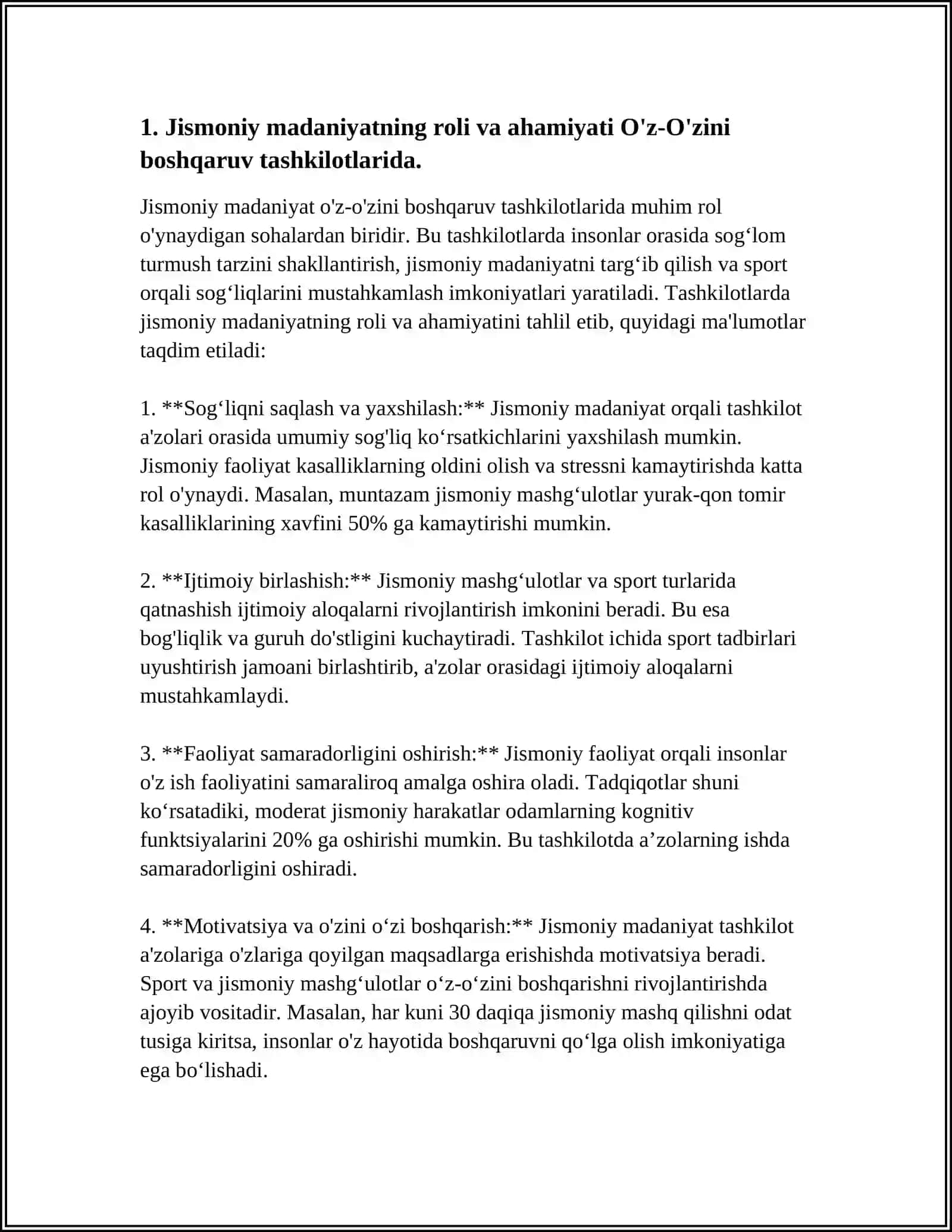 Jismoniy Madaniyatning Rol va Ahamiyati O'z-O'zini Boshqaruv Tashkilotlarida 3
