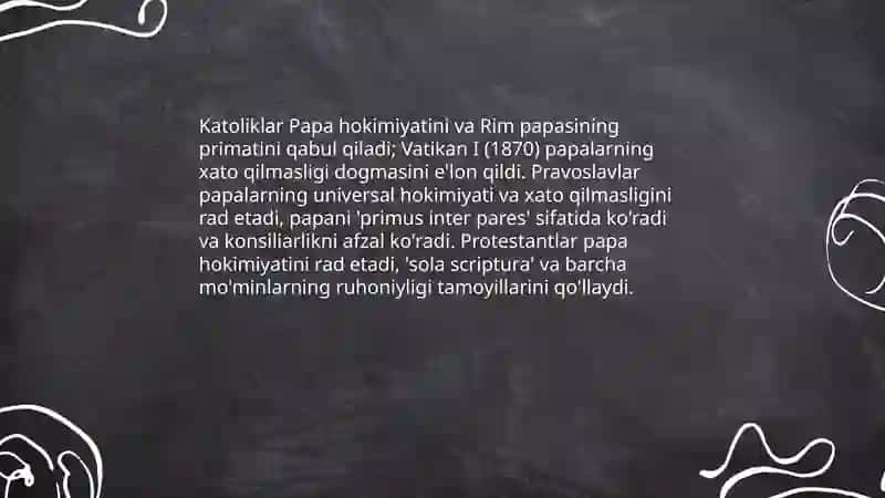 Xristianlikdagi asosiy oqimlar katalik pravaskov protestantizm oqimlar qarashlar oʻrtasidagi farqlar 3