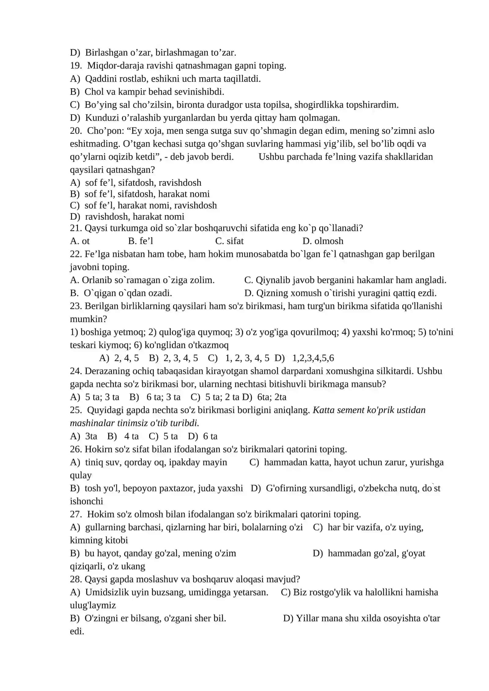 Ona tili, o`qish savodxonligi va uni o`qitish metodikasi fanidan test (110 ta) 3