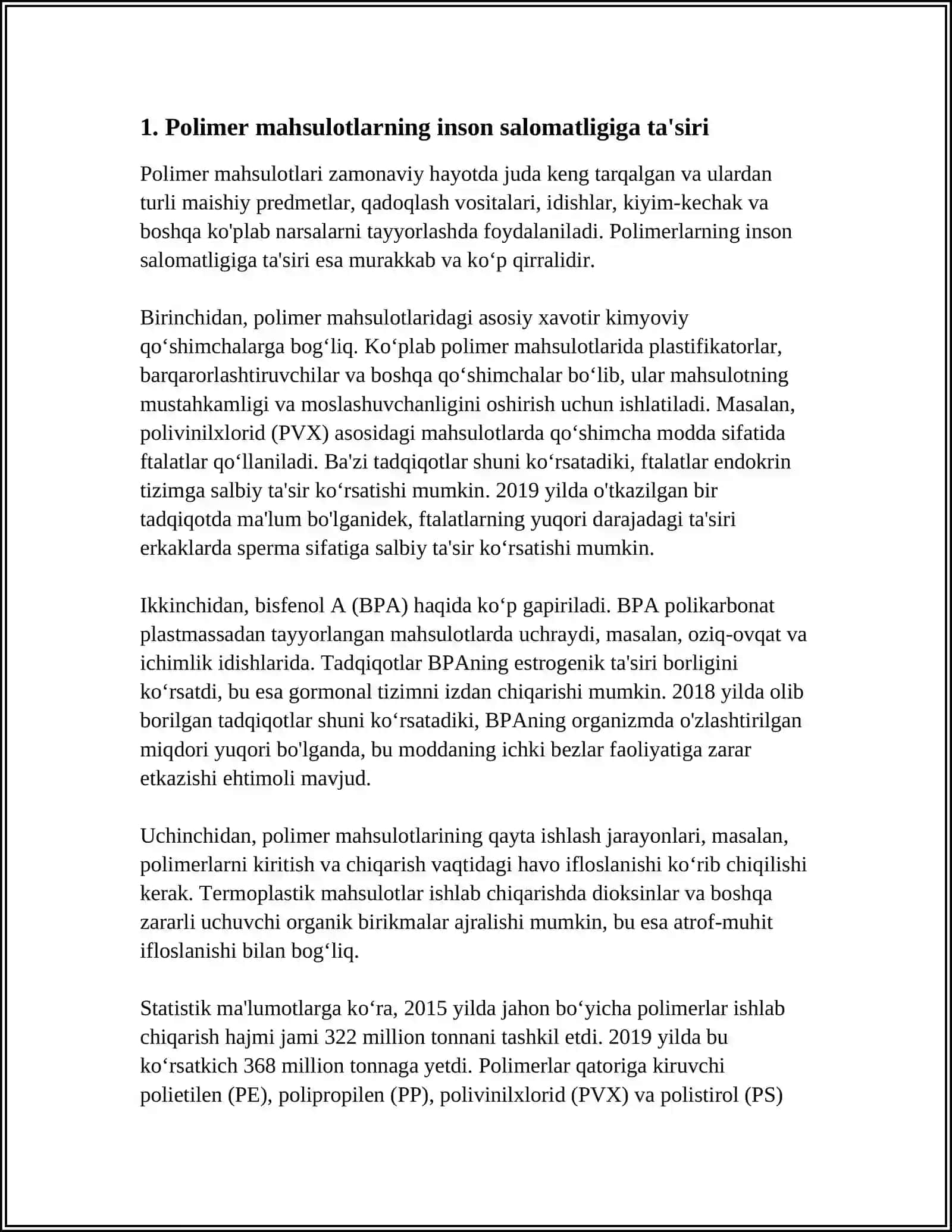 POLIMER MAHSULOTLARINI SANITARIYA GIGIYENIK VA TOKSIKOLOGIK TEKSHIRUVLARINI O'TKAZISH AHAMIYATI 3