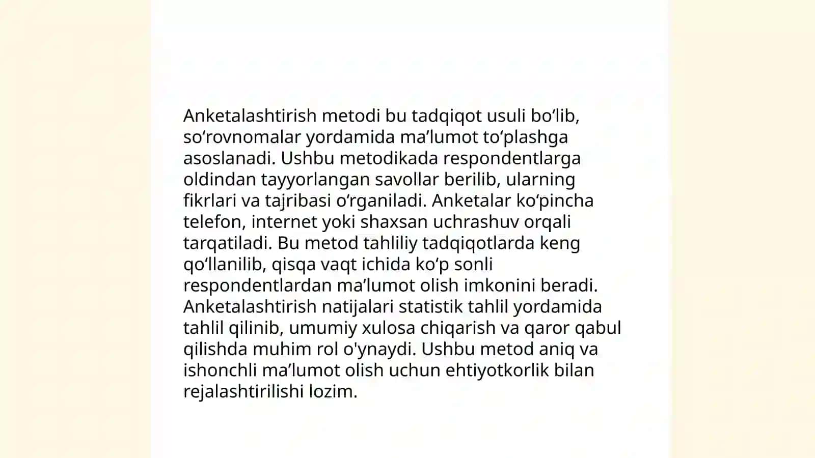 Anketalashtirish turlari metodi va unga qoʻyiladigan asosiy talablar 3