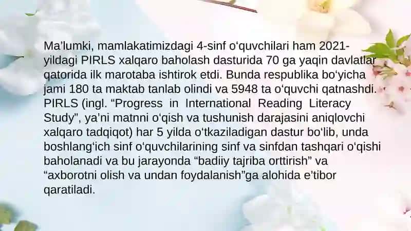 Bulğusi pedagog sifatida matnni o‘qish va qabul qilish haqida tezkor loyiha lar (maktab o‘quvchilarmisolida) 3