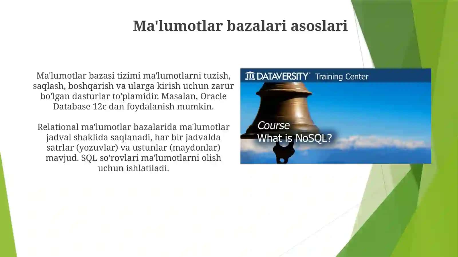Ma'lumotlar bazasini va katta hajmdagi ma'lumotlar bilan ishlash texnologiyalari 3