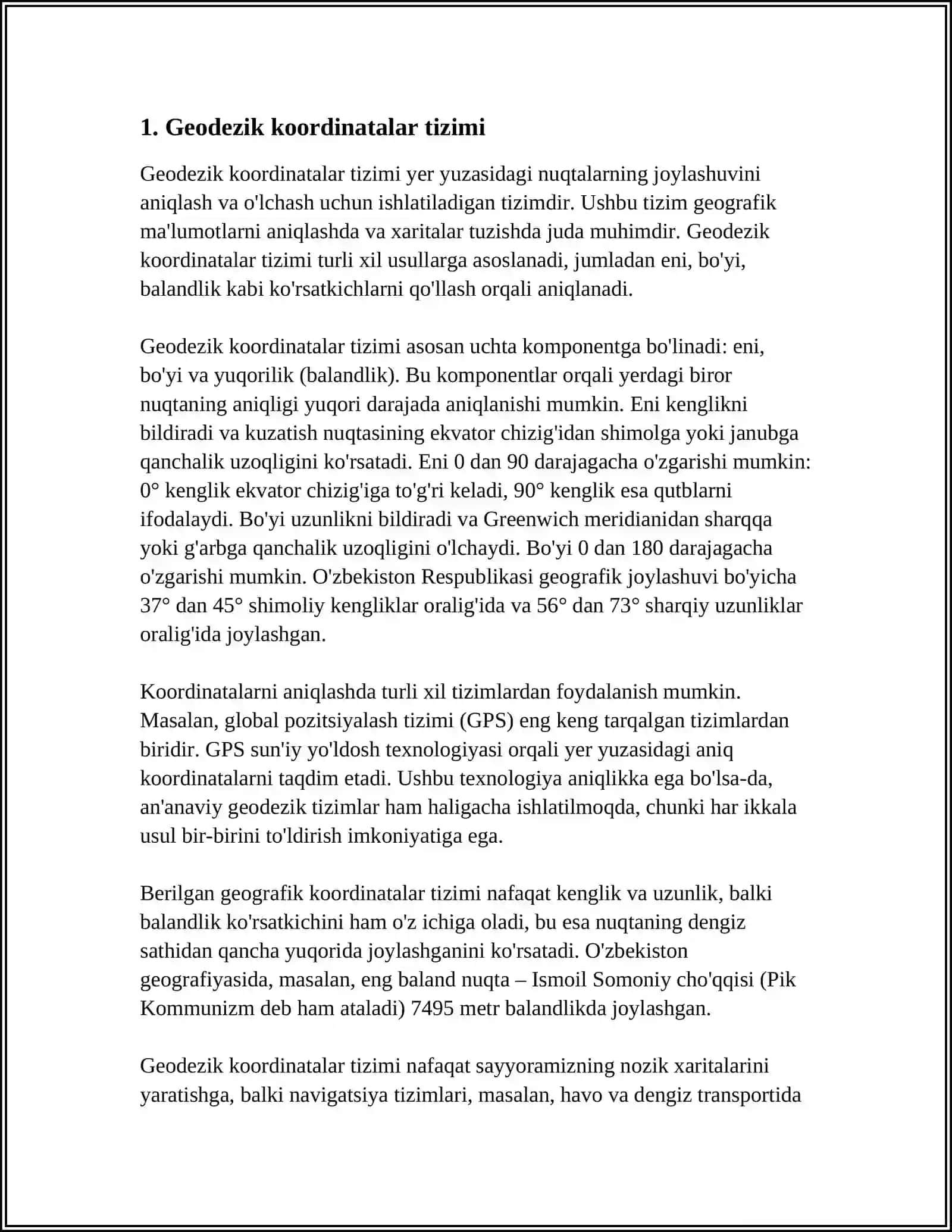 GEODEZIYA QOʻLLANILADIGAN KOORDINATALAR SISTEMASI 3