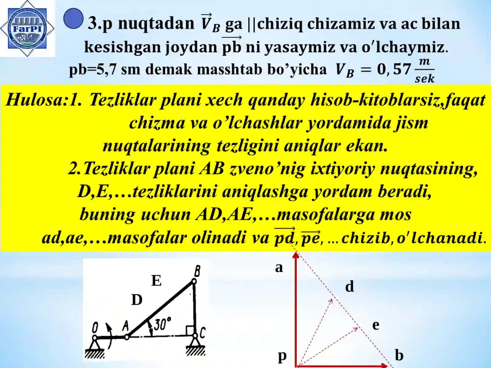 Tezliklar plani va tezlanishlar plani yordamida jism nuqtalarining tezlik va tezlanishini aniqlash 3