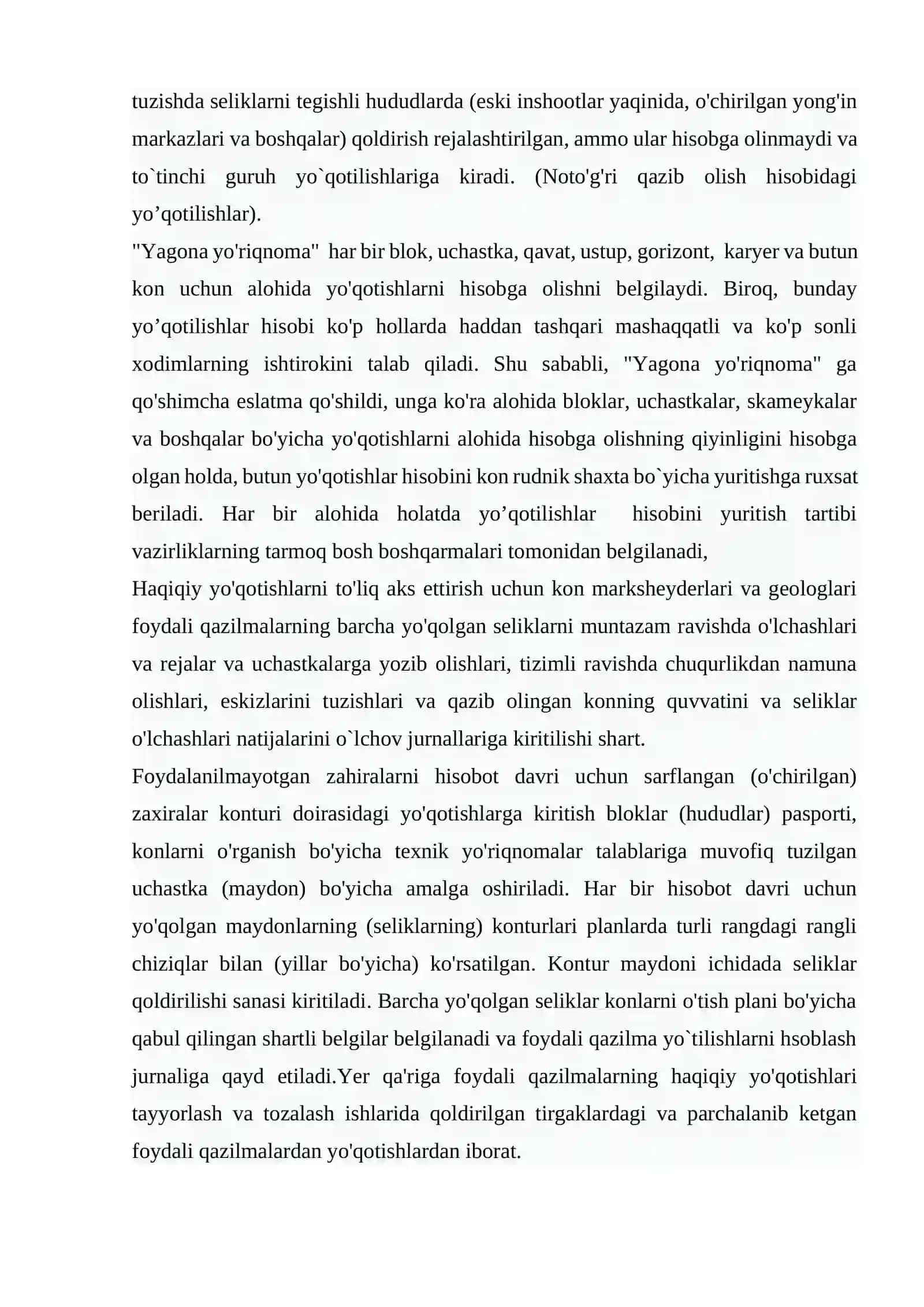 Foydali qazilmalarning miqdor va sifat jihatidan yo'qotishlarini, aniqlash hisobga olish 3