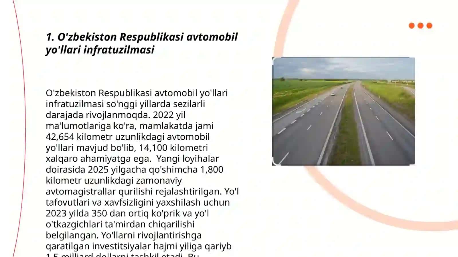 O'zbekiston Respublikasi avtomobil yo'llari tarmoĝining zamonaviy holati va zamonaviy avtomobil magistrallari 3
