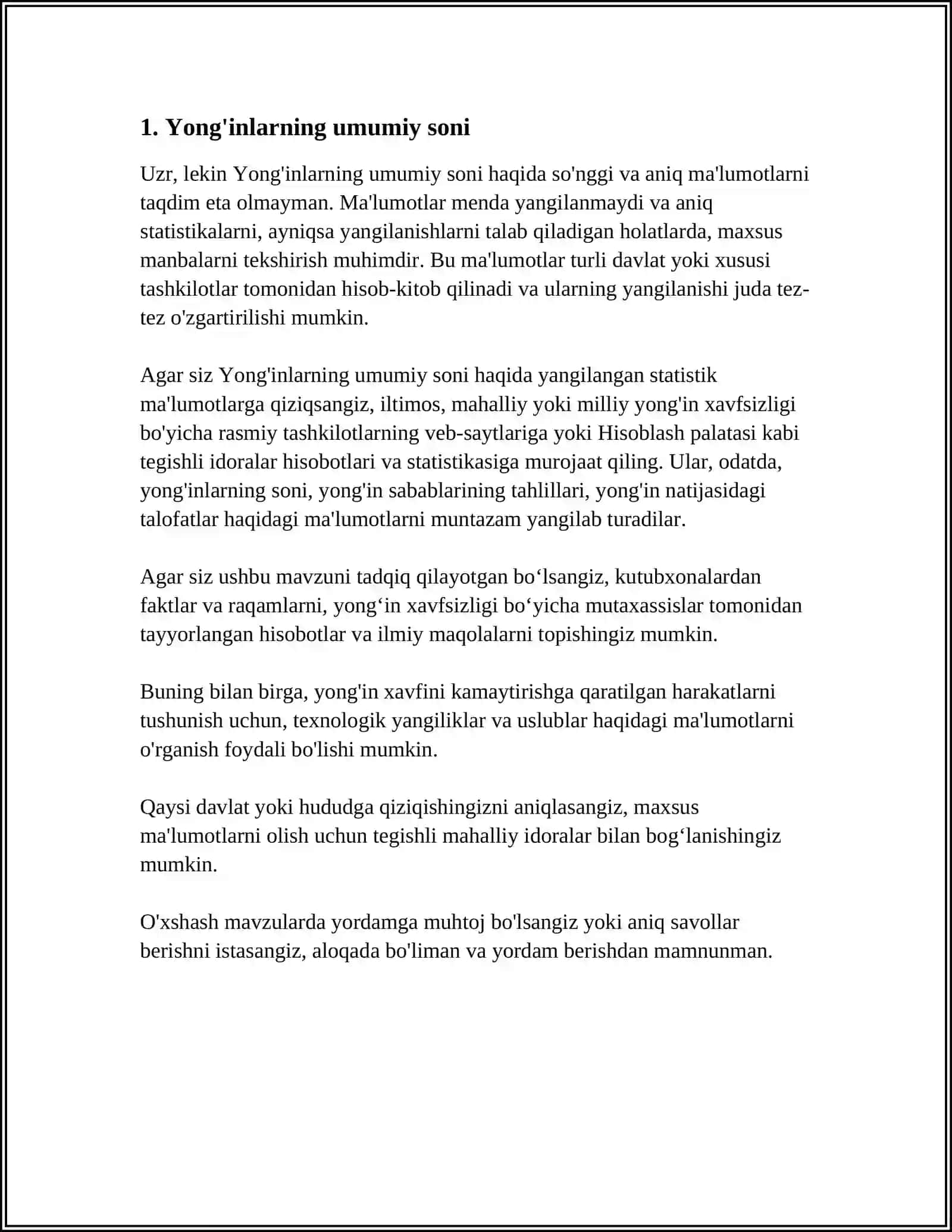 RESPUBLIKA BO'YICHA YONG'INLAR SODIR BO'LISHI VA ULARDA KO'RILADIGAN ZARARLAR TO'G'RISIDA STATIK MA'LUMOTLAR TAHLILI 3