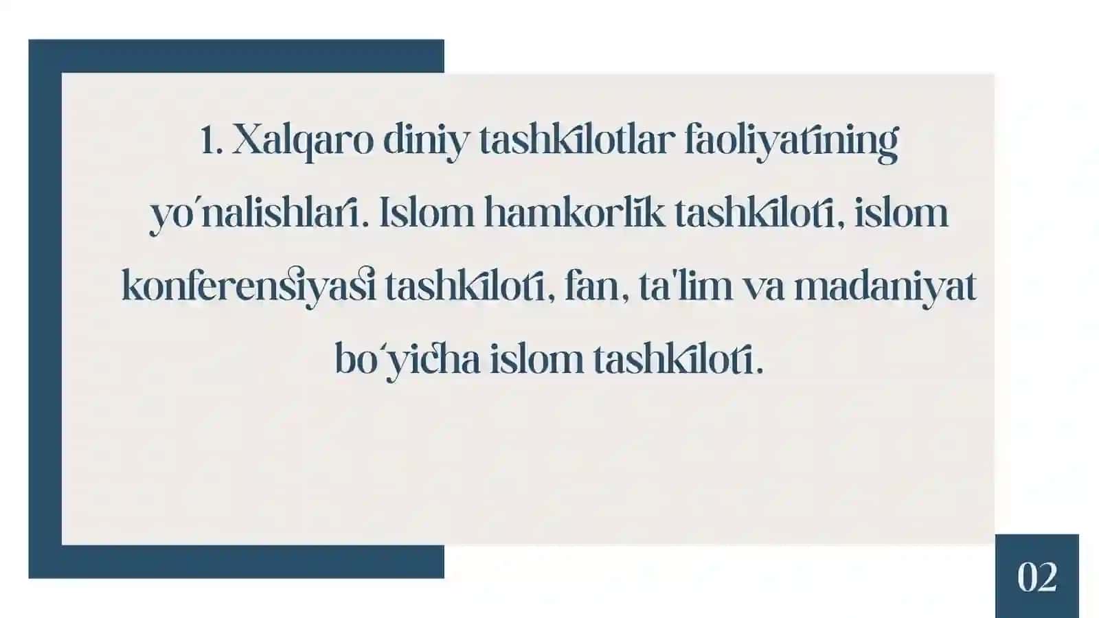 MAVZU: XALQARO DINIY TASHKILOTLAR FAOLIYATINING TARIXI VA ULARNING BARQAROR RIVOJLANISH MAQSADLARIGA ERISHISHDAGI AHAMIYATI  -MAVZUSIDA TAQDIMOT 3