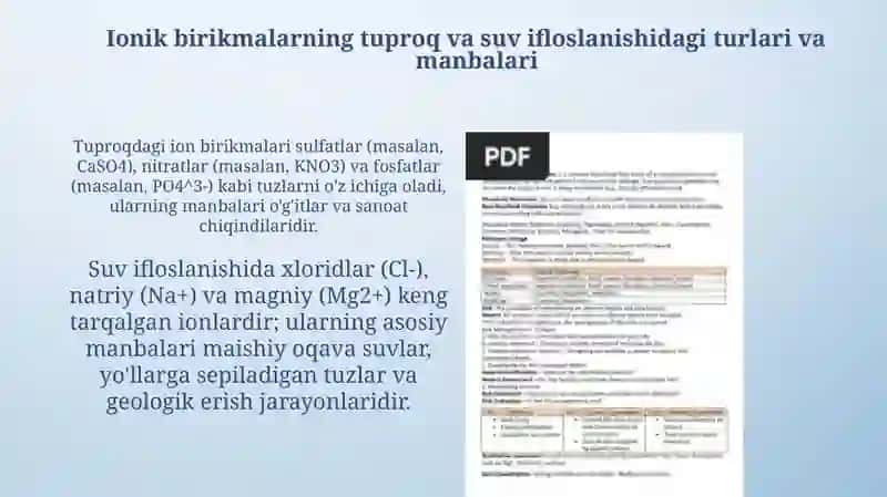 Ionik birikmalarning tuproq va suv ifloslanishidagi turlari va manbalari 3