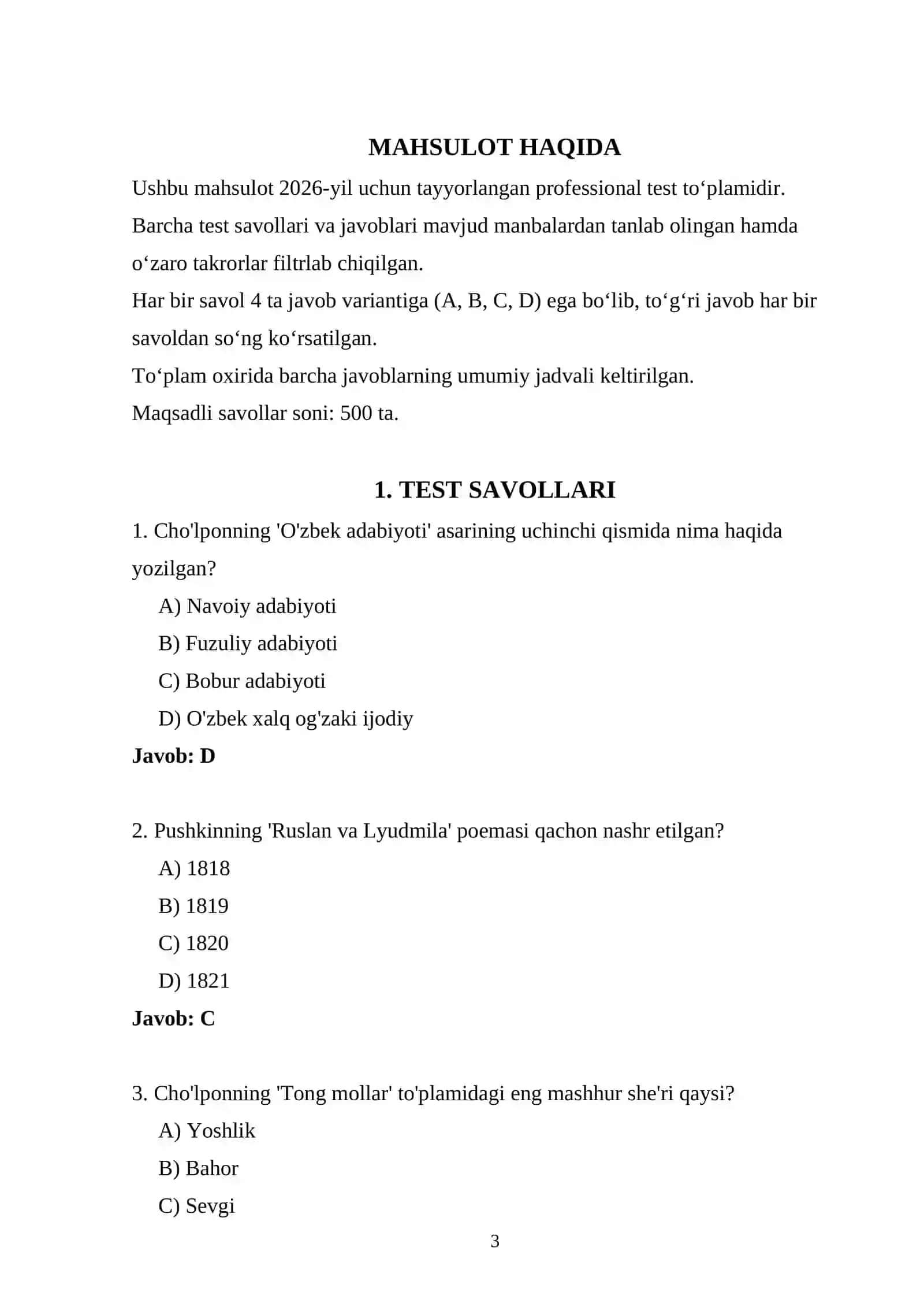 ARGOS DAVLAT TILI 2026 - 500 TA DAVLAT TILI TEST SAVOLLARI VA JAVOBLARI 3