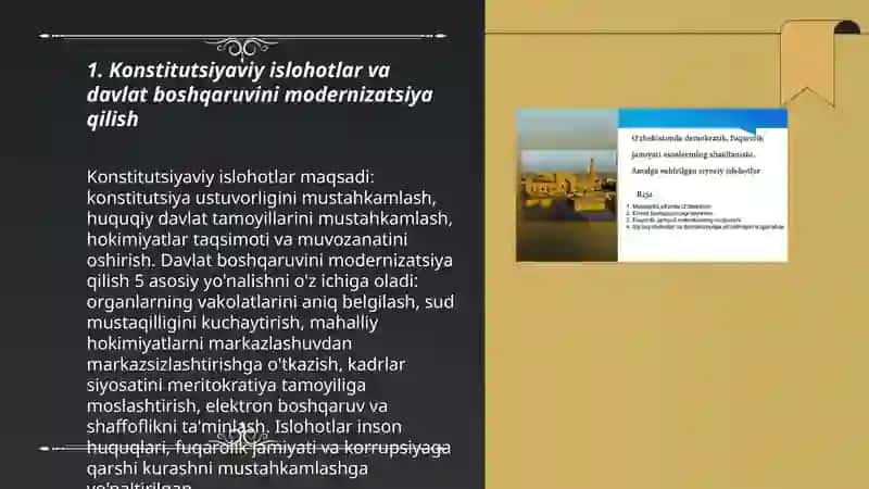 Oʻzbekiston huquqiy siyosiy islohotlarning amalga oshirilishi, demokratik jamiyatni shakllantirish yoʻlidagi islohotlar 3