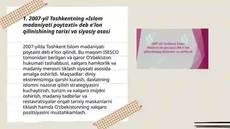 2007- yil Toshkent- islom madaniyati poytaxti deb e'lon qilinishining mazmuni va mohiyati 3