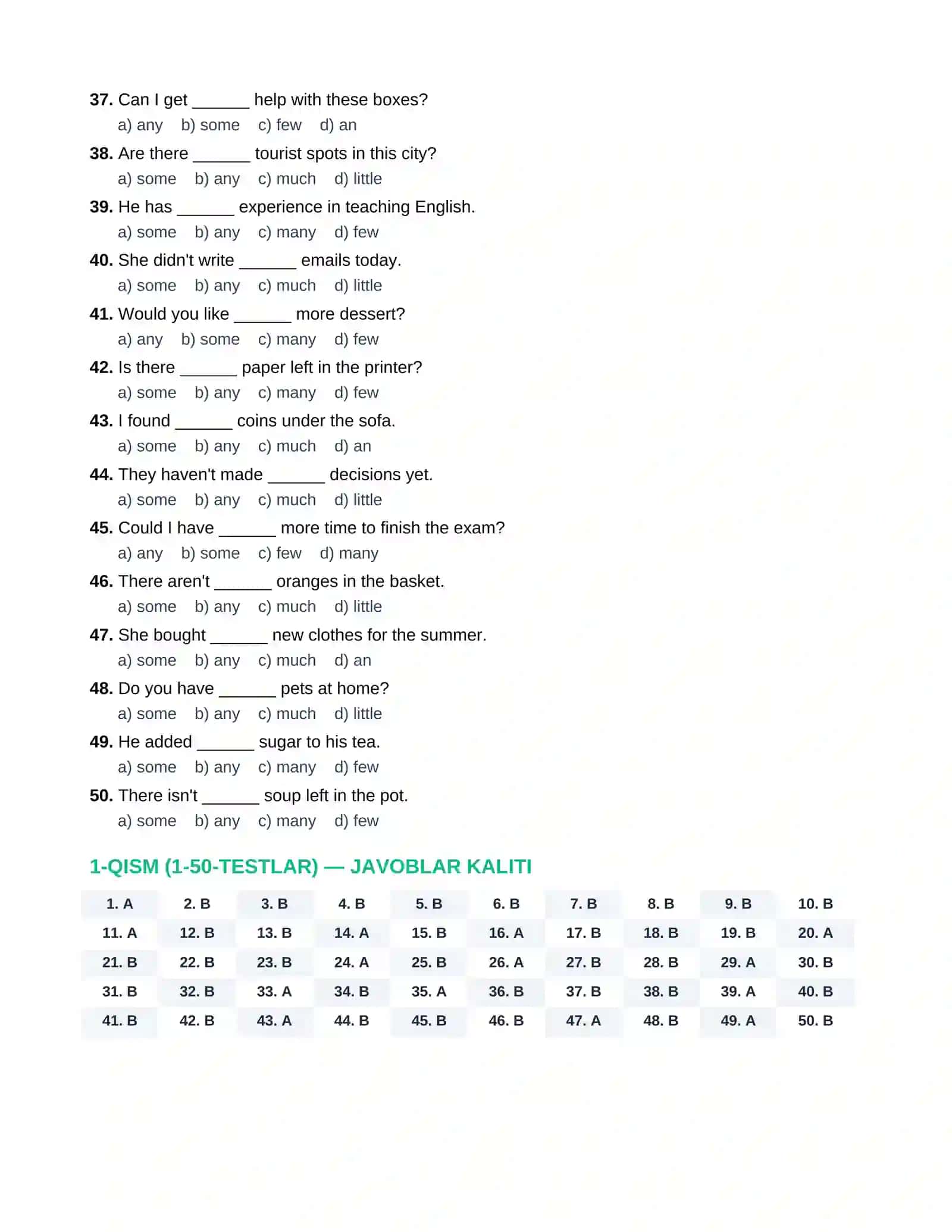 ENGLISH GRAMMAR TEST: SOME / ANY  100 talik test javoblari bilan 3