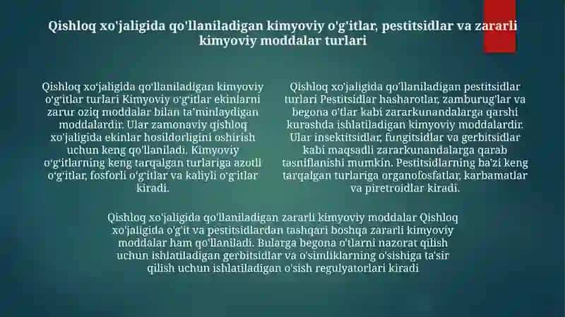 Kimyoviy OʻGitlar, Pestitsidlar Va Boshqa Zararli Kimyoviy Moddalardan Foydalanish 3