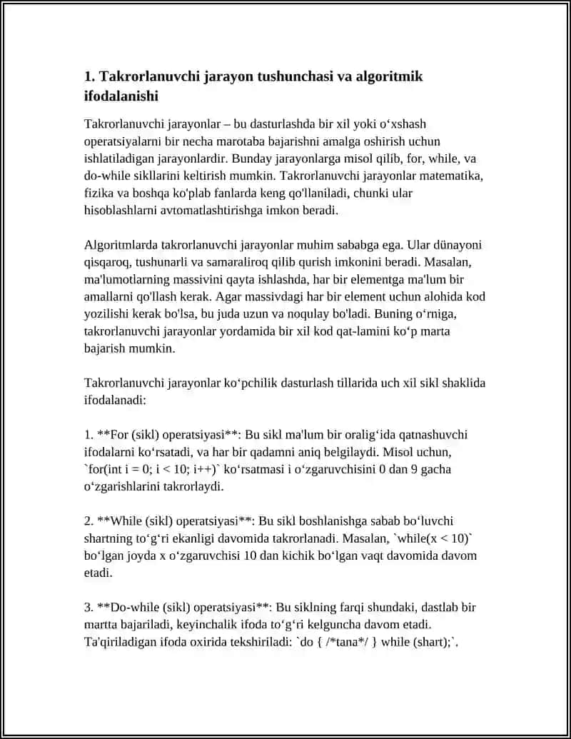TAKRORLANUVCHI JARAYONLARNI TASHKIL ETISH (ALGORITM VA DASTUR) 3