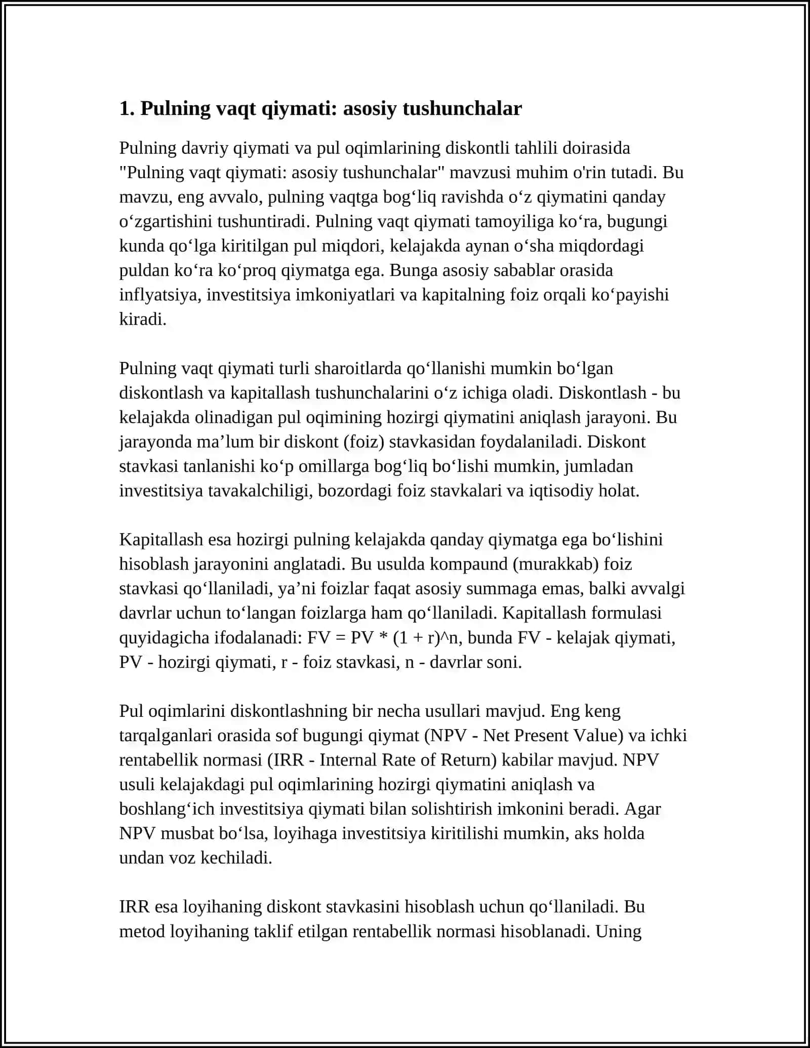 PULNING DAVRIY QIYMATI VA PUL OQIMLARINING DISKONTLI TAHLILI 3