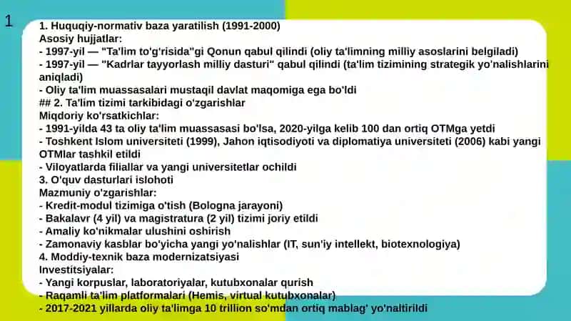 Yangi O'zbekistonda Oliy ta'lim va ilm-fan sohasidagi islohotlar 3