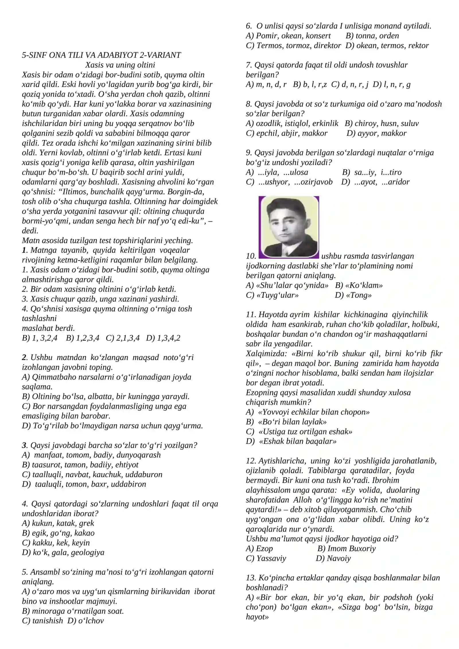 5-SINF ONA TILI VA ADABIYOT 1-VARIANT 3