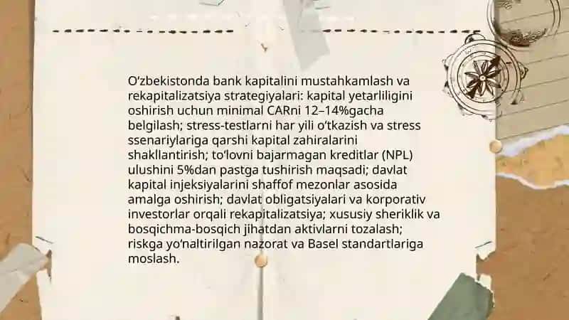 O‘zbekistonda jahon moliyaviy-iqtisodiy inqirozi sharoitida bank tizimini davlat tomonidan yanada mustahkamlash va rivojlantirish yo'nalishlari 3