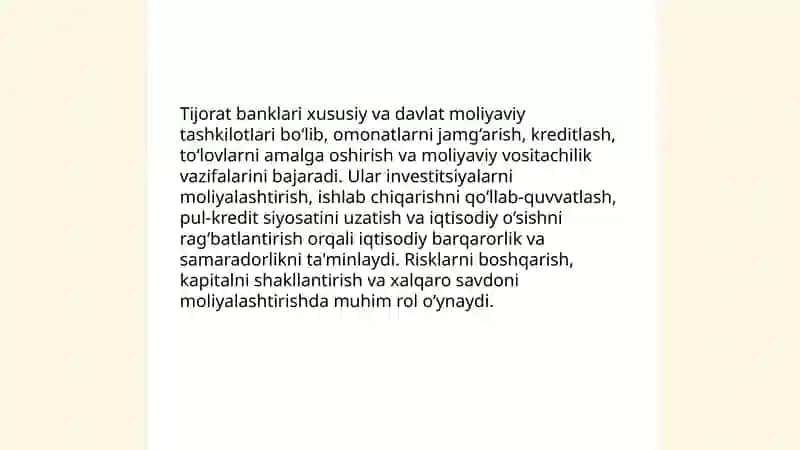 Tijorat banklarning mohiyati, turlari va funktsiyalari 3
