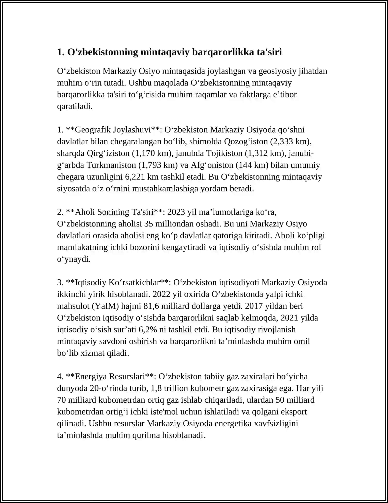 O'ZBEKISTONNING MARKAZIY OSIYODA TINCHLIK VA BARQARORLIKNI TA'MINLASHDAGI O'RNI 3