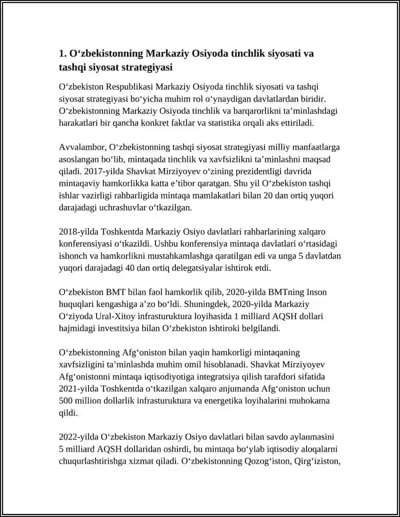 O'ZBEKISTON MARKAZIY OSIYO TINCHLIK VA BARQARORLIKNI TA'MINLASHDAGI O'RNI 3